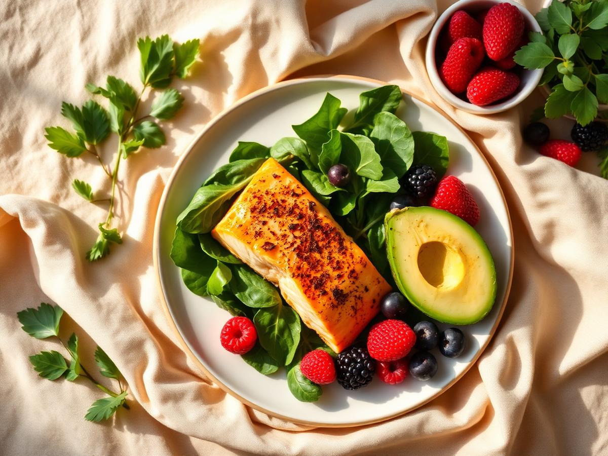 Balanced plate of salmon, greens, avocado and berries