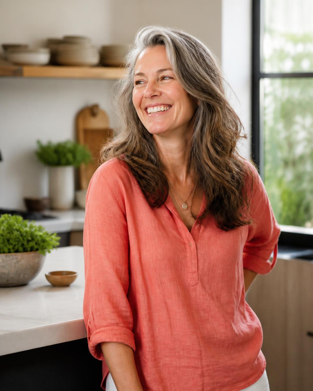 Woman in her fifties smiling in a bright kitchen